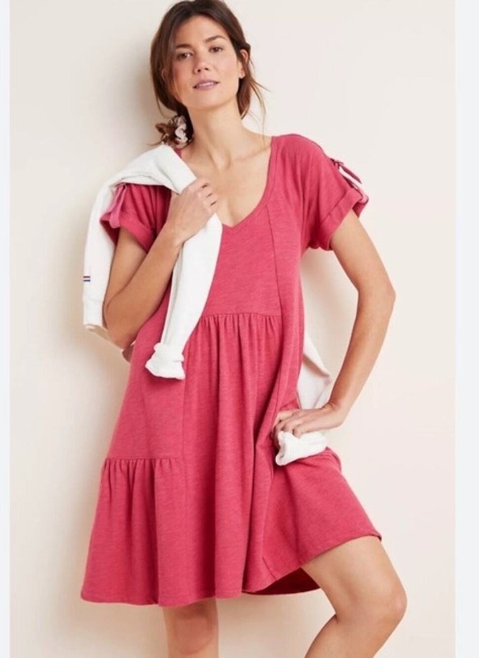 Anthro Saturday Sunday Kathie Flounced Relaxed Fit Dress Pink Rose SP NWT